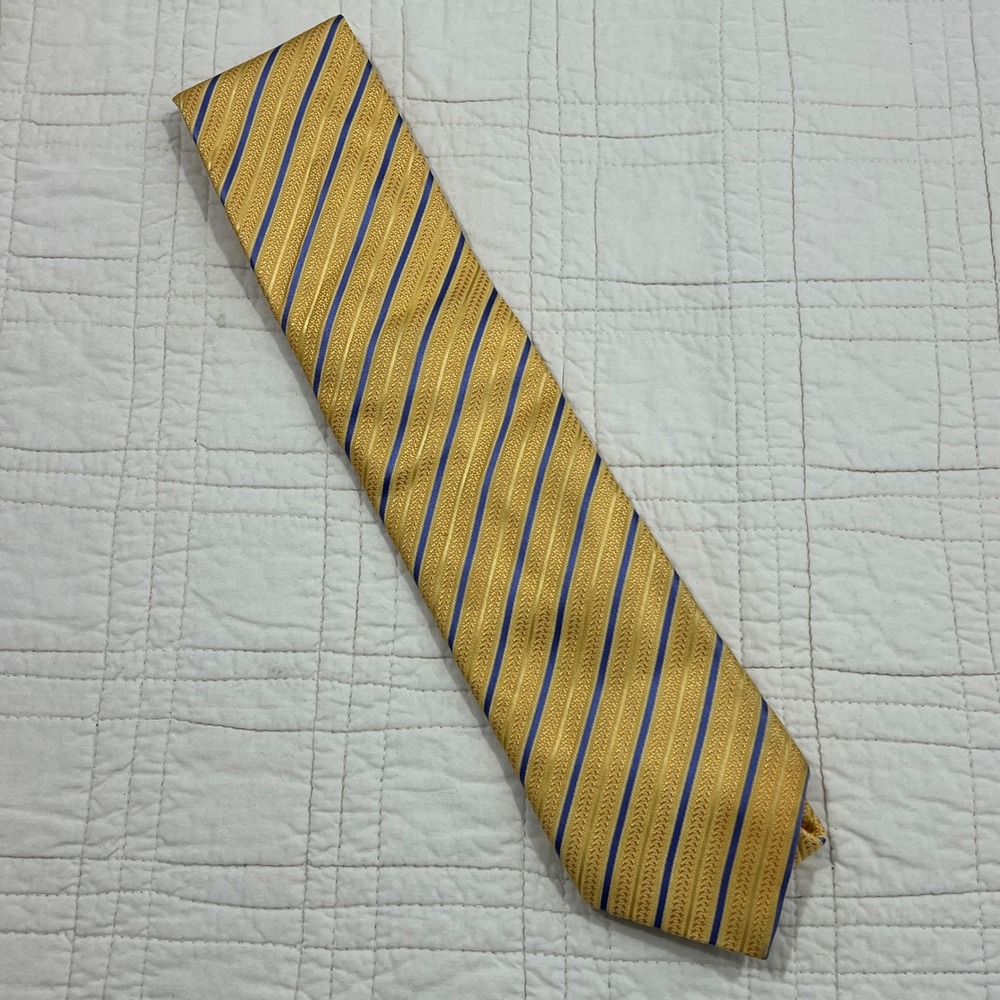 Canali Mens Yellow Blue Striped 100% Silk Necktie Made in Italy Designer Tie